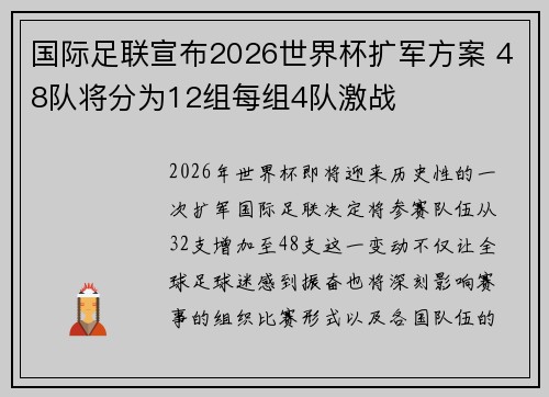 国际足联宣布2026世界杯扩军方案 48队将分为12组每组4队激战