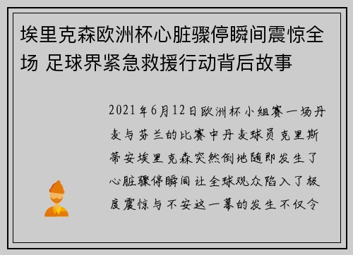 埃里克森欧洲杯心脏骤停瞬间震惊全场 足球界紧急救援行动背后故事